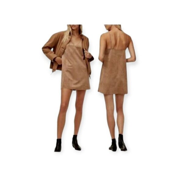 Aritzia Wilfred Free Vegan Suede Tan Slip Dress XS Spaghetti Straps Nori - Picture 3 of 10